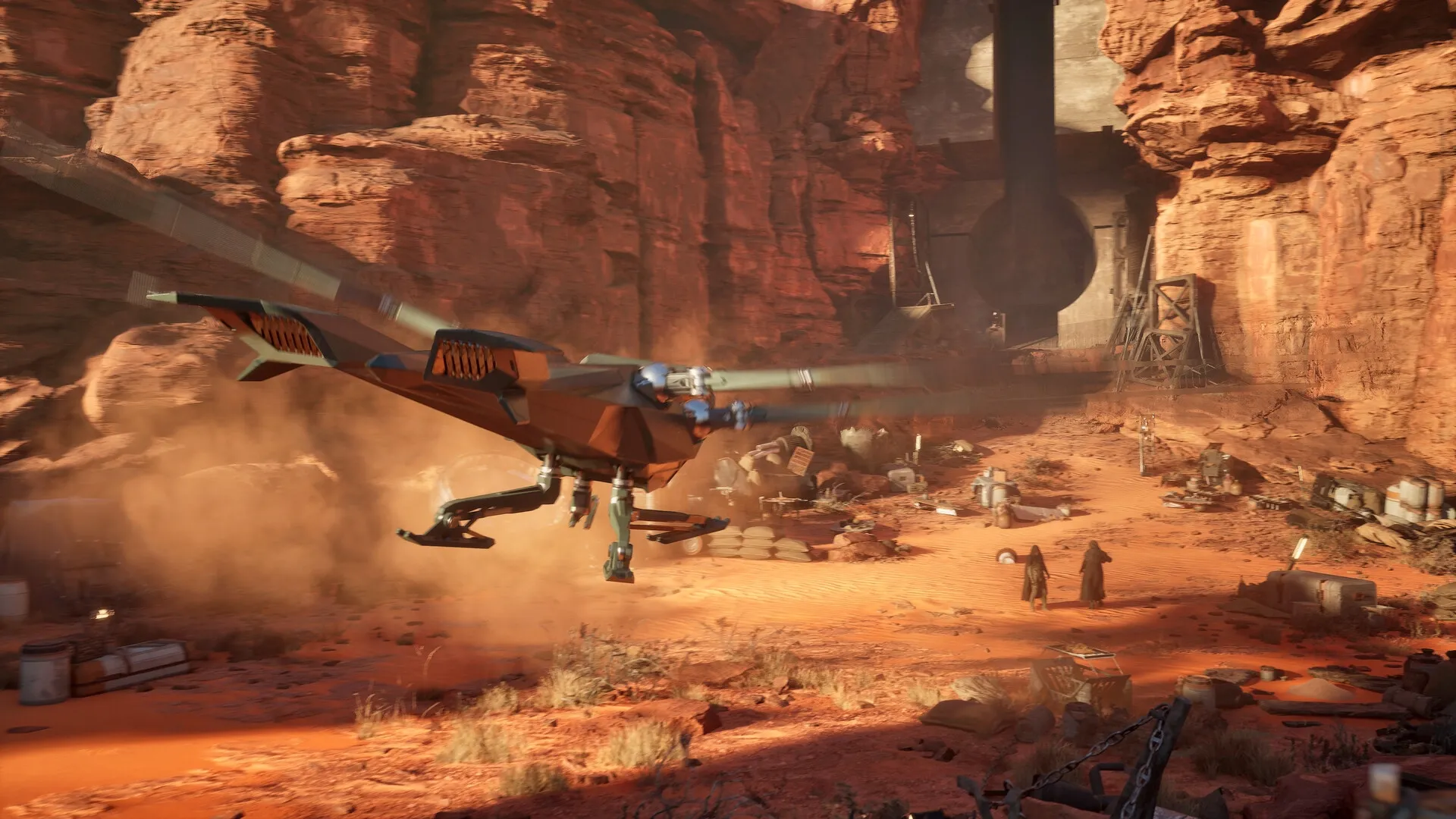 Dune: Ornithopter flying over desert canyon with characters exploring the sandy terrain below