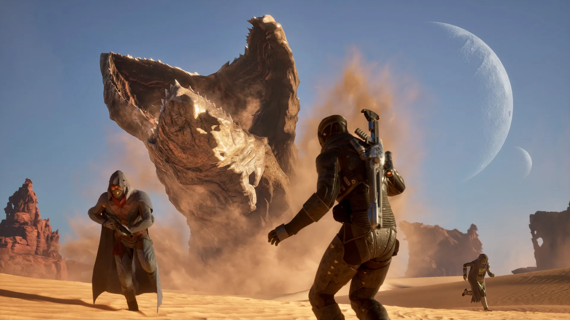 Dune: Two characters flee from a massive sandworm in the desert landscape of Arrakis