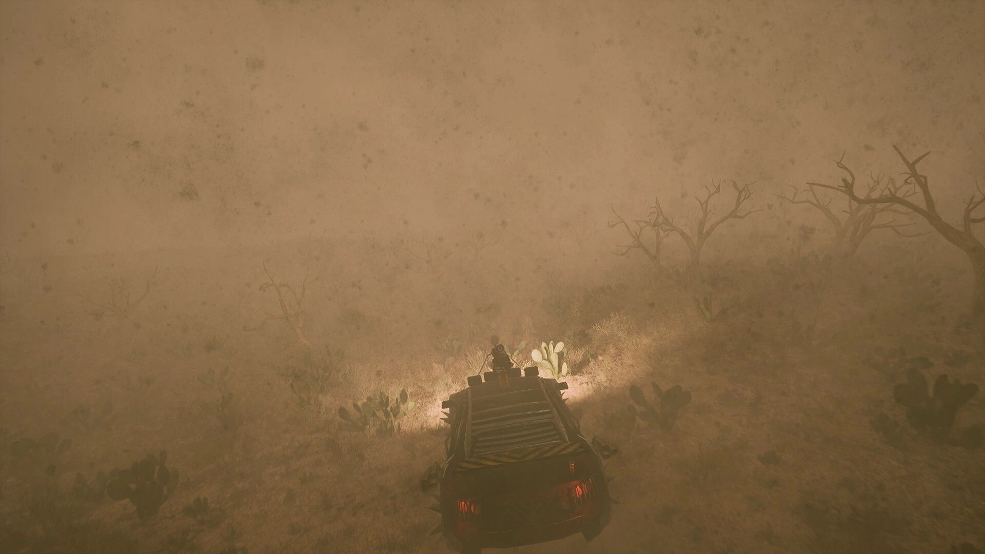 Duneborn: War vehicle navigating through a dense sandstorm in a barren desert landscape