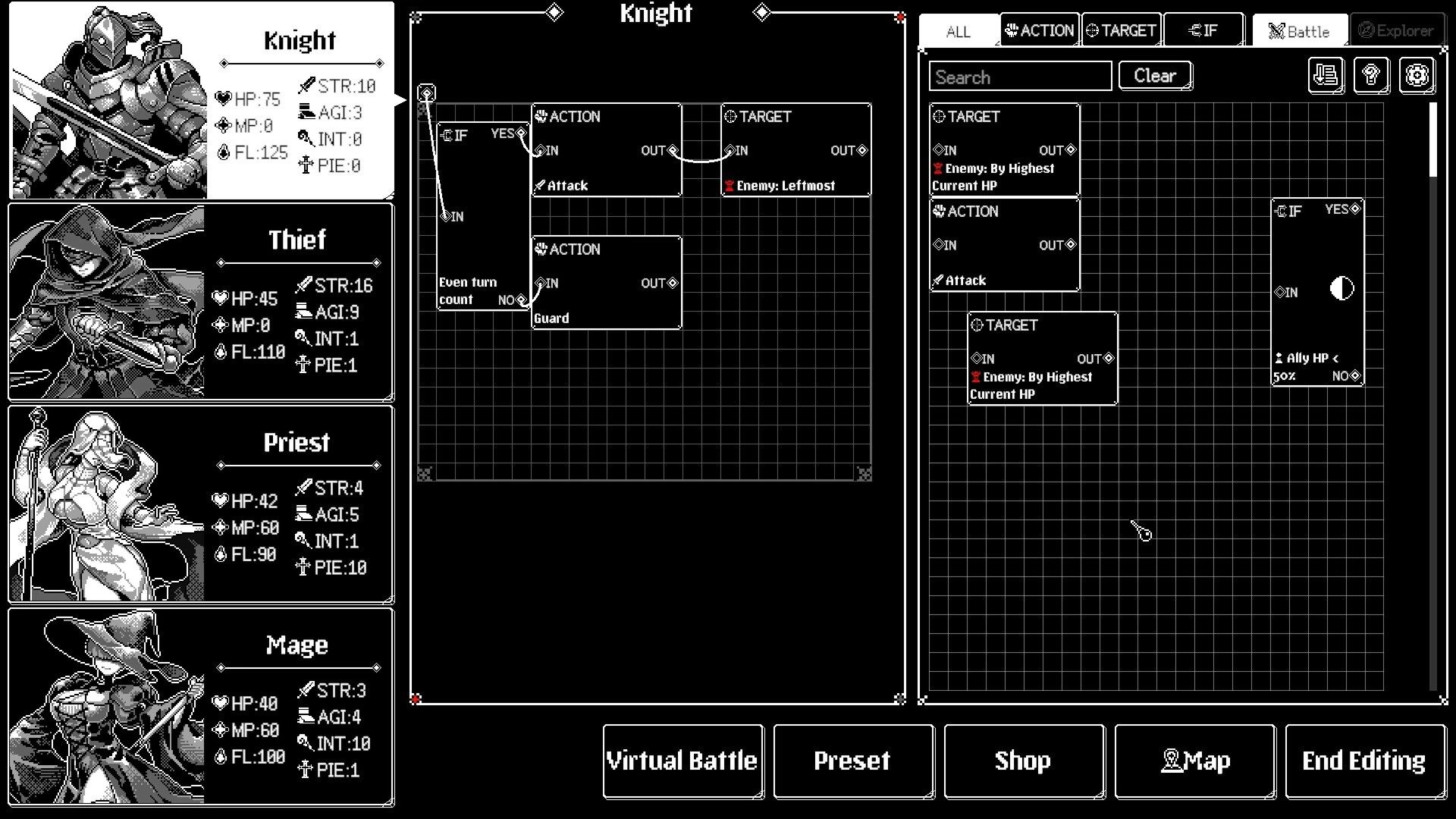 Dungeon Automata: Party programming screen with Knight, Thief, Priest, Mage stats and node logic grid.