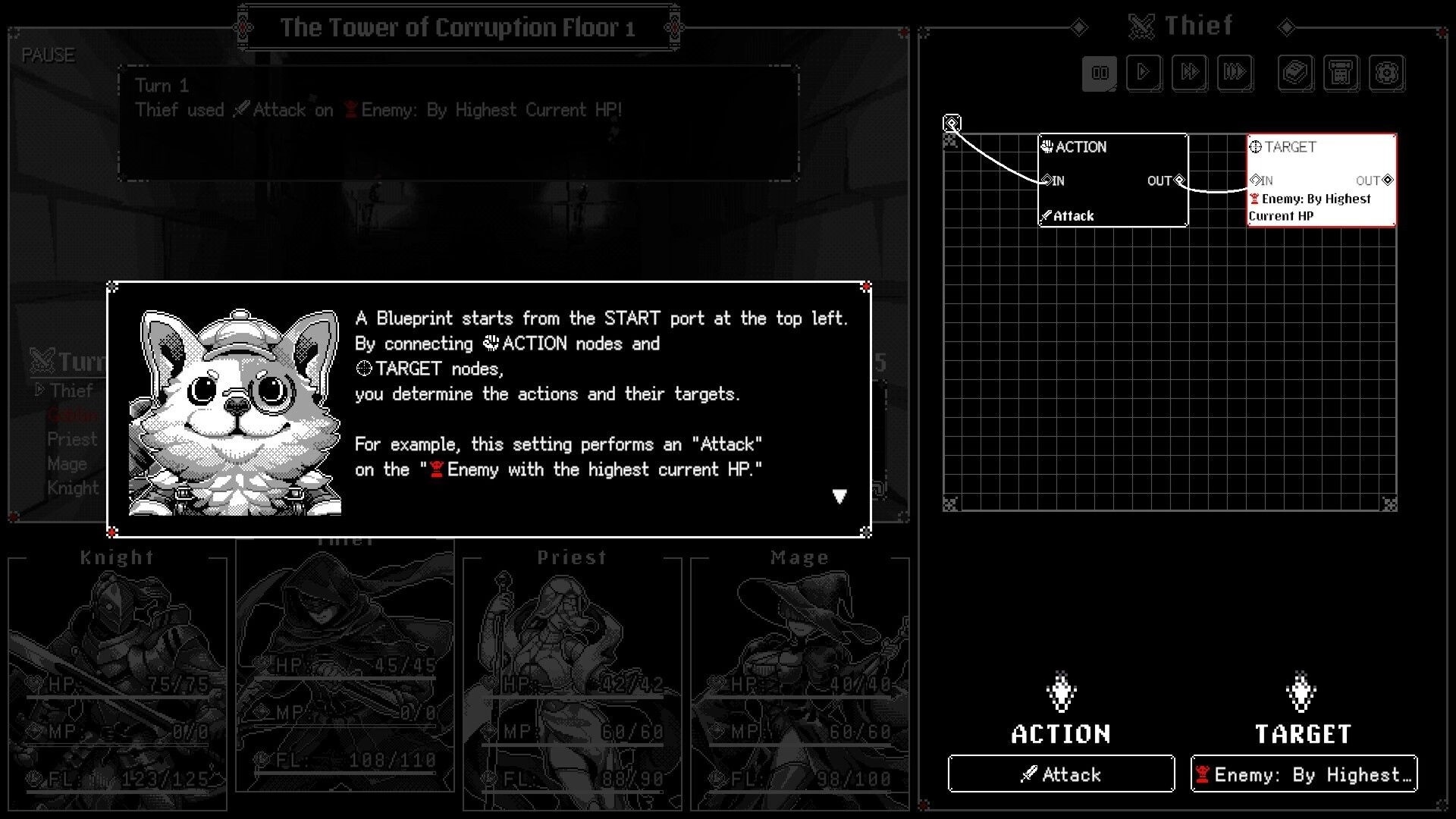 Dungeon Automata: Thief blueprint node editor linking Attack action to highest HP enemy target grid UI.