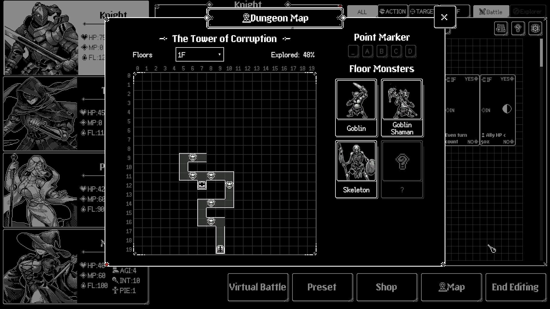Dungeon Automata: Dungeon Map for Tower of Corruption 1F with explored grid and floor monsters list UI.