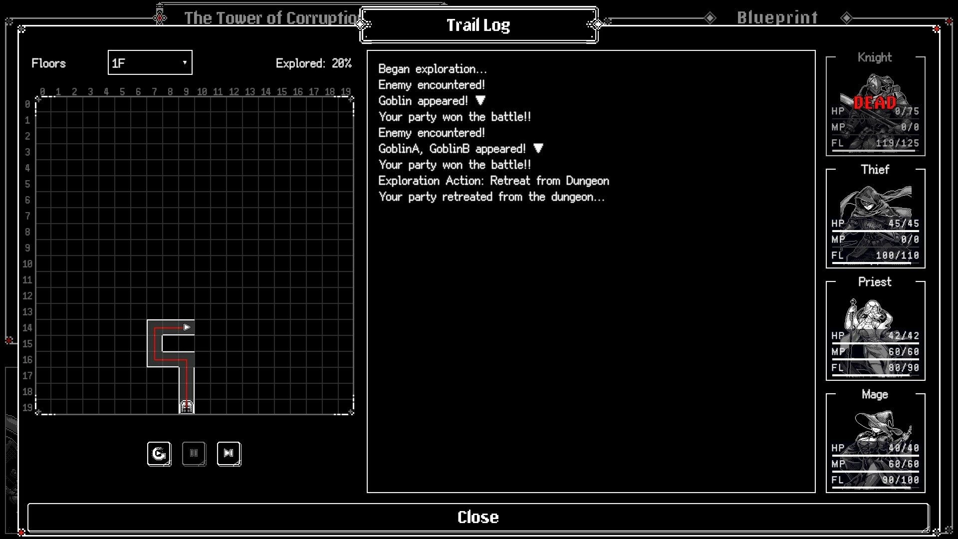 Dungeon Automata: Trail Log and dungeon map UI showing retreat after goblin fights, knight dead panel.