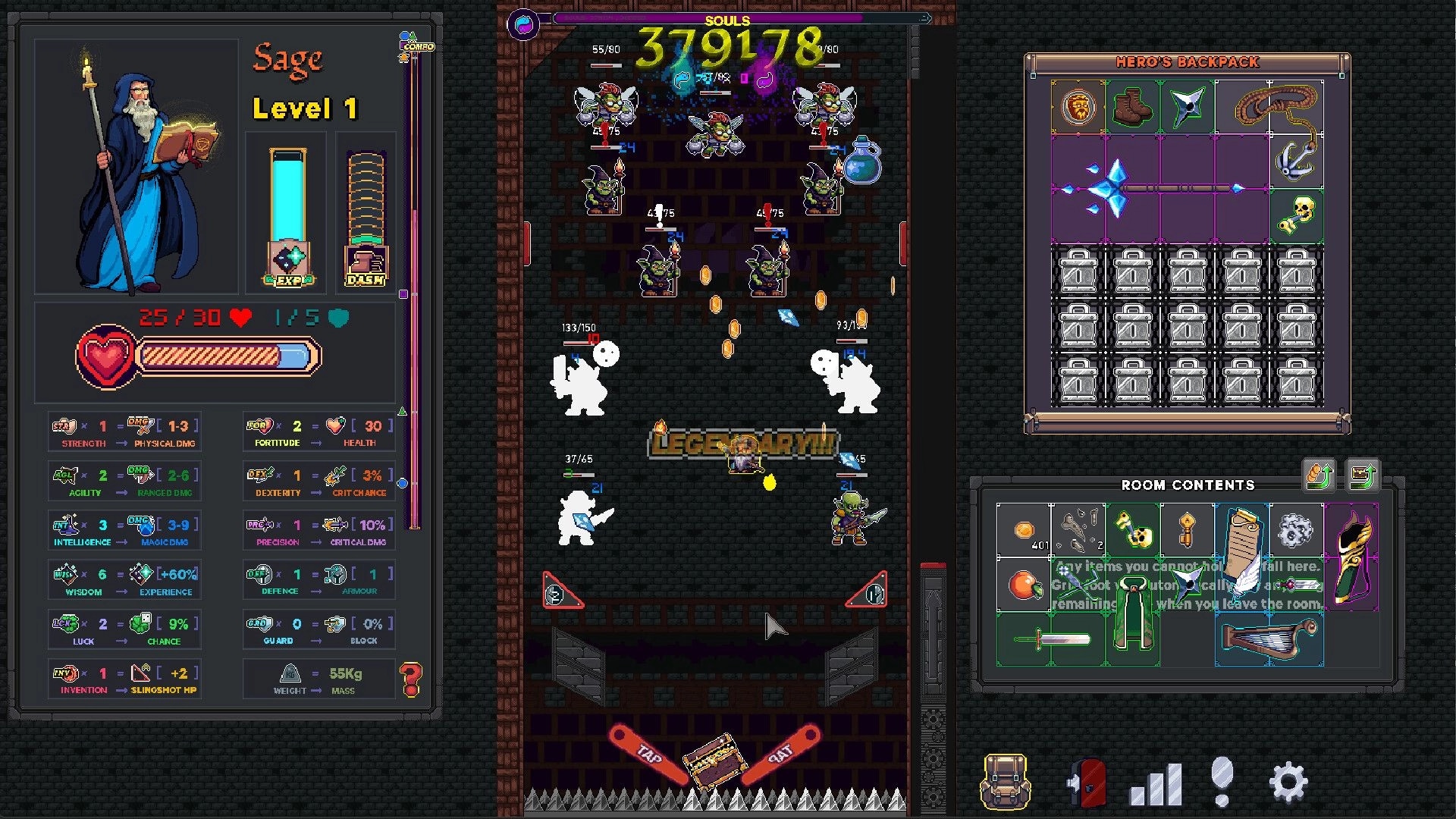 Dungeon Baller: Sage level-up stats and backpack inventory beside pinball battle arena with goblins.