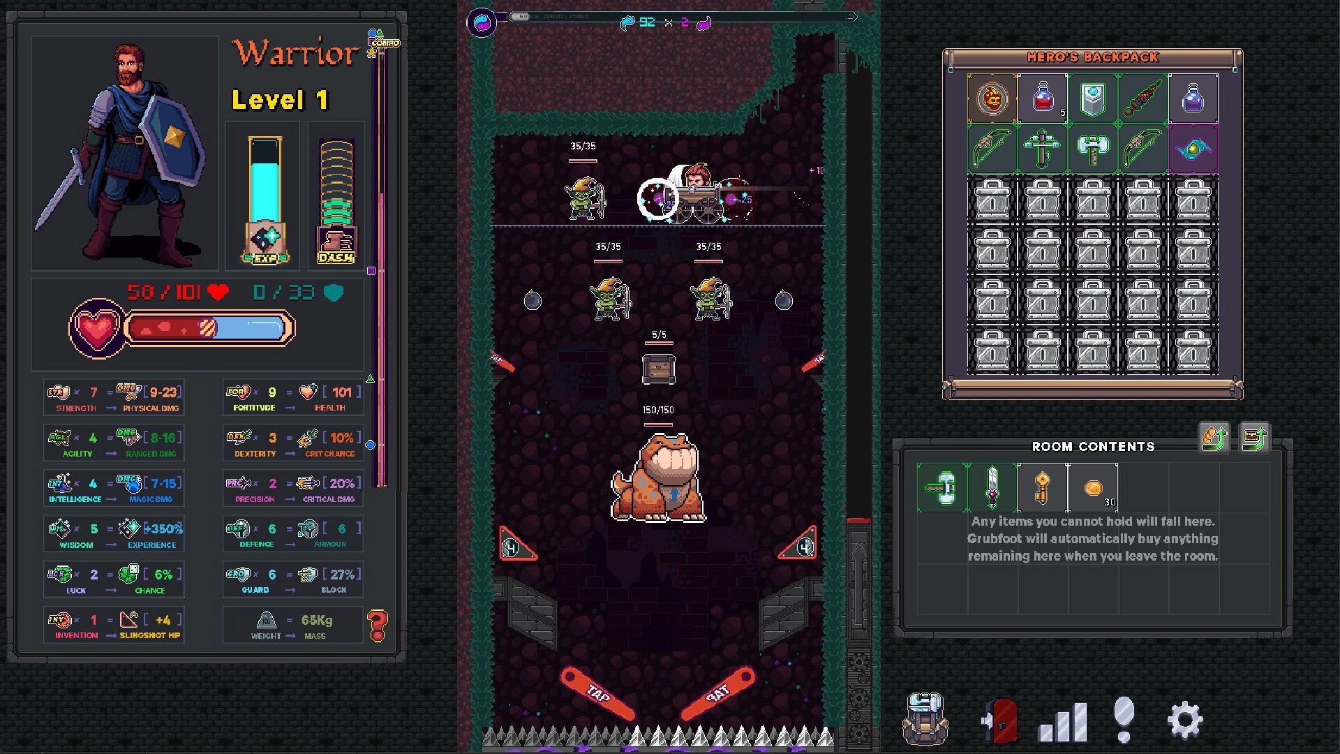 Dungeon Baller: Warrior stats and backpack UI around pinball room with goblins and a big dino boss.
