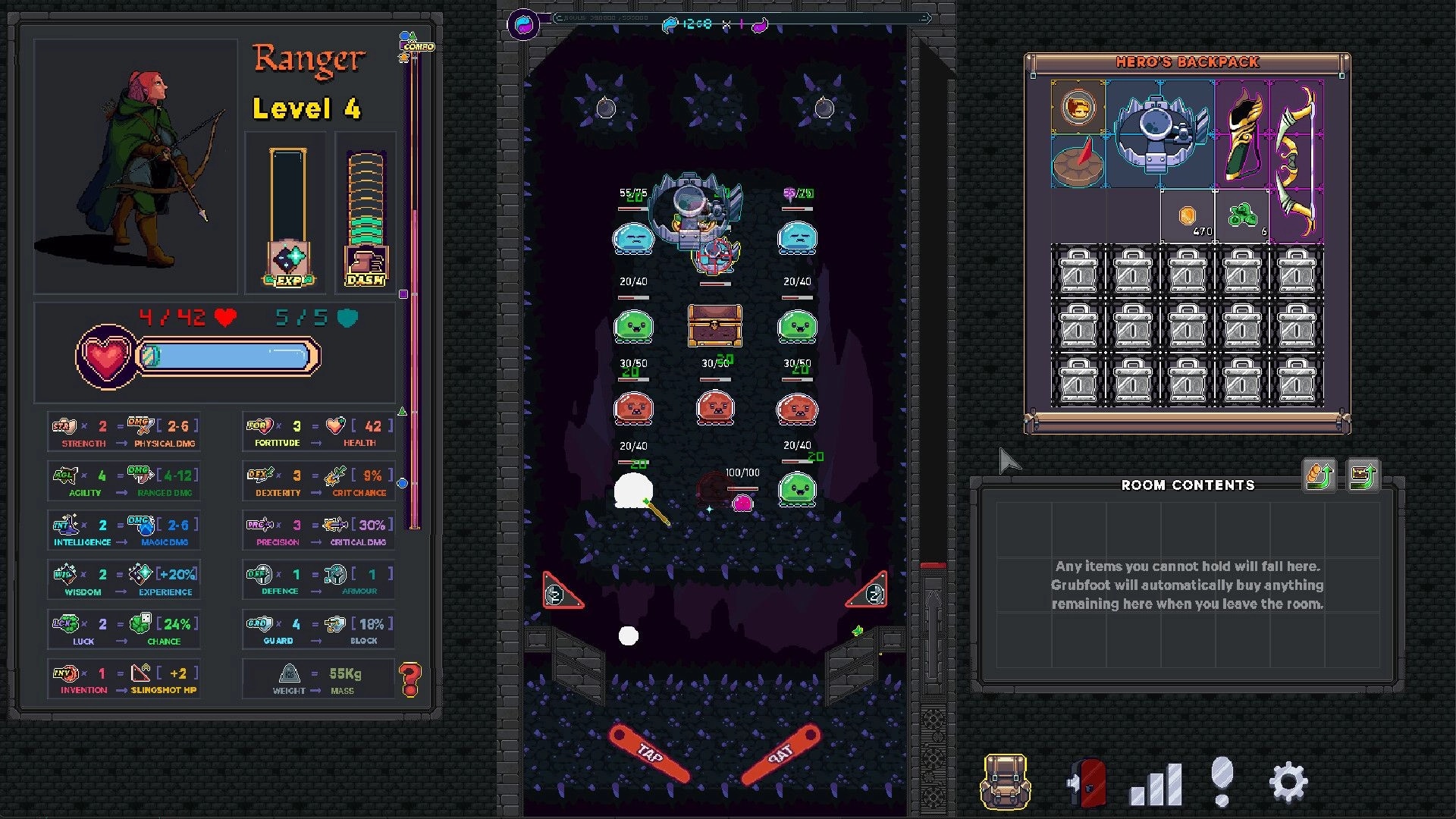 Dungeon Baller: Ranger level-up stats and hero backpack open beside pinball dungeon room with slimes.