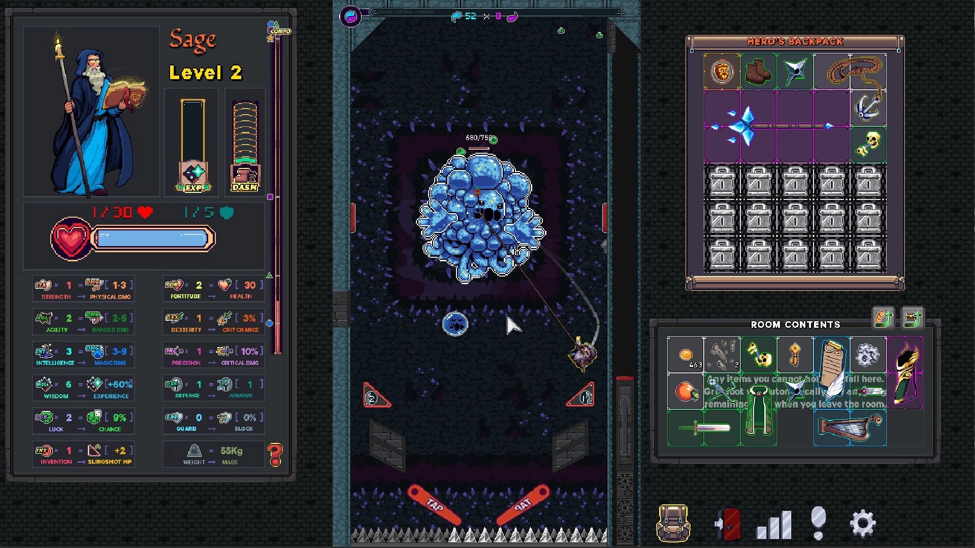 Dungeon Baller: Sage level 2 stats and inventory panels beside pinball arena with blue slime boss fight.