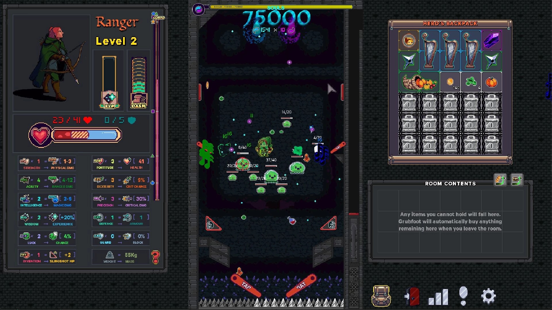 Dungeon Baller: Ranger level 2 stats and backpack open beside pinball combat with green slimes dungeon room.