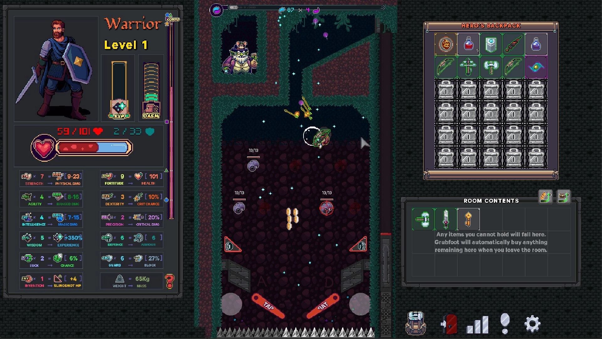 Dungeon Baller: Warrior stats and hero backpack open beside a pinball dungeon room with enemies and loot.