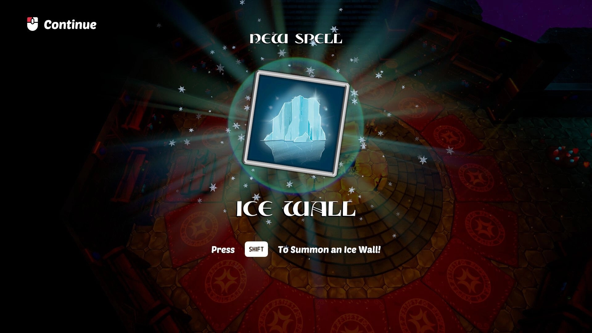 Dungeon Concierge: New Spell popup unlocking Ice Wall with Shift prompt over a circular dungeon room floor.