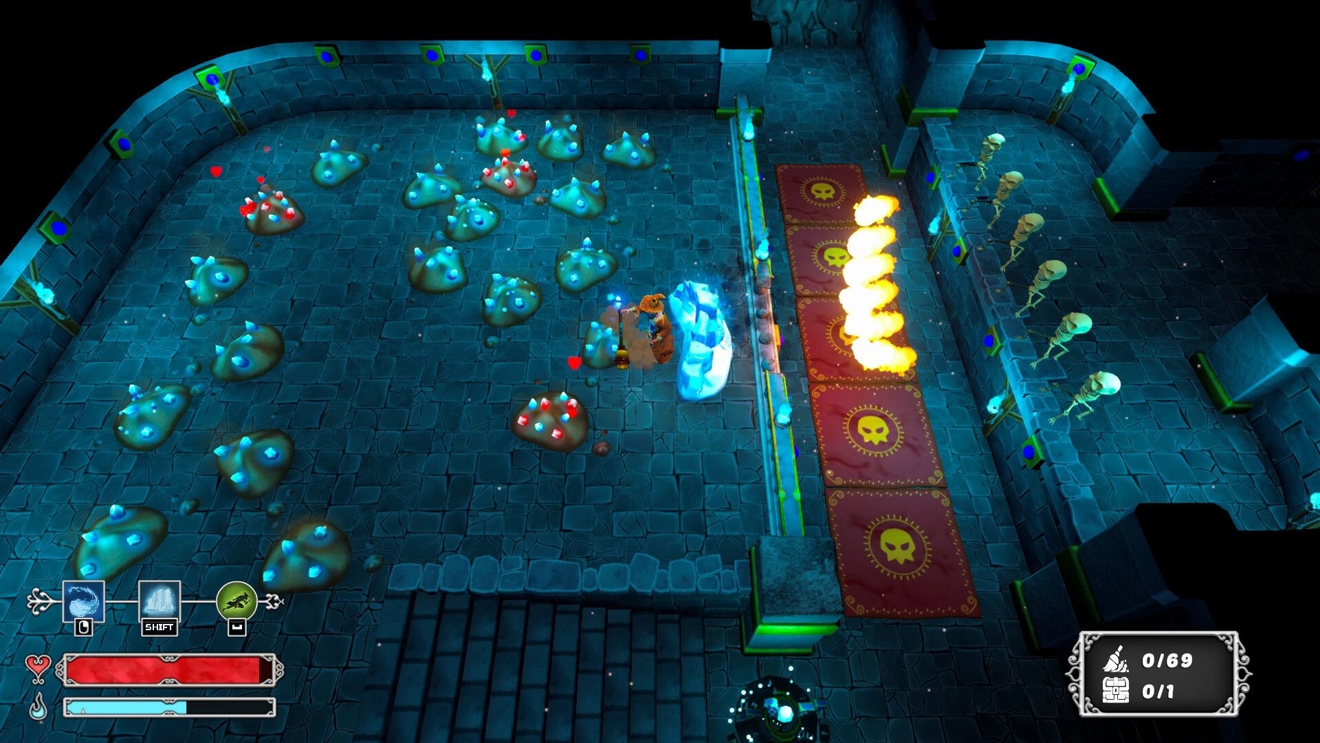 Dungeon Concierge: Wizard blocks slimes with ice wall as flames hit skeletons in blue stone corridor.