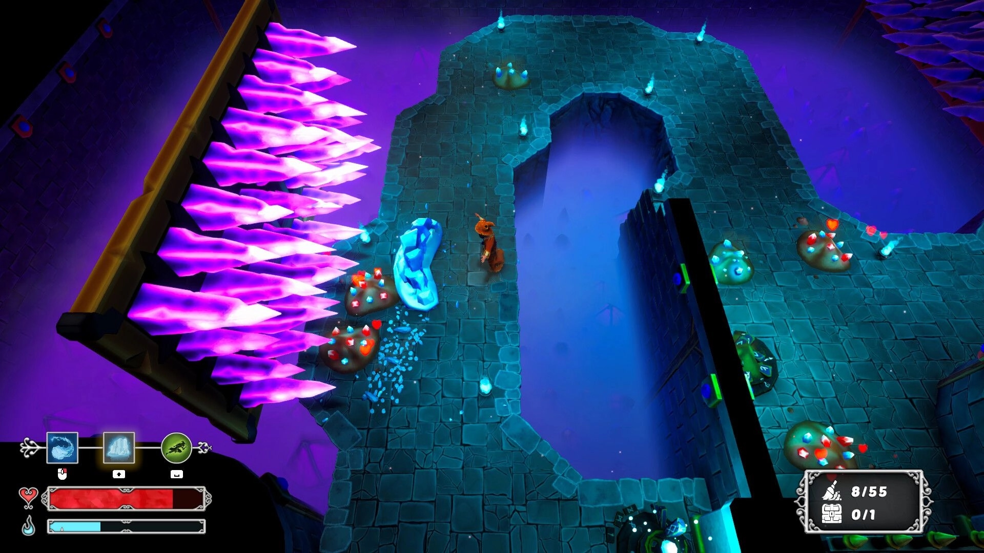 Dungeon Concierge: Wizard stands by ice block near huge purple spikes on stone dungeon bridge above chasm.