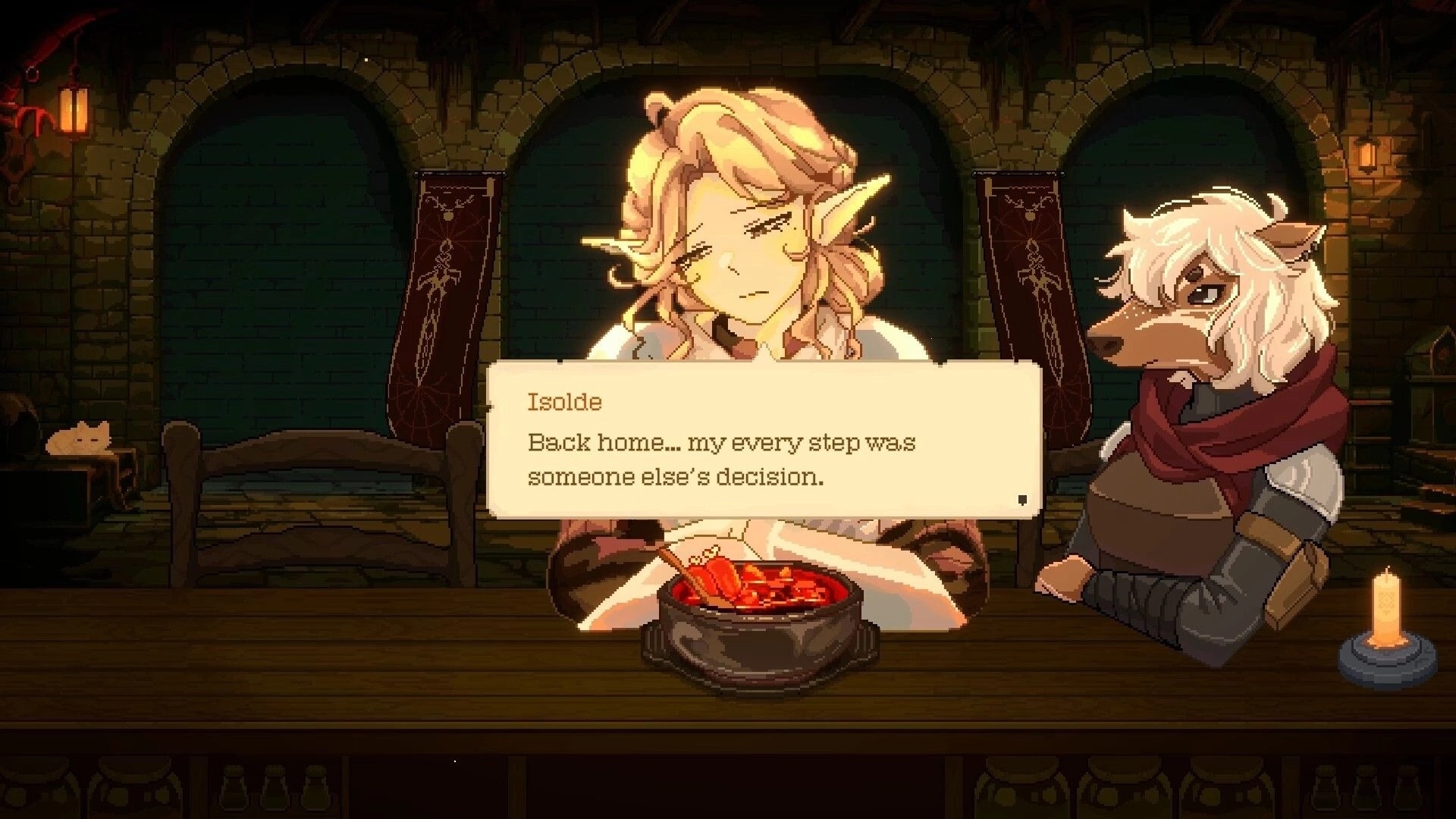 Dungeon Hotpot: Dialogue box for Isolde over steaming hotpot as two patrons sit in torchlit dungeon tavern.