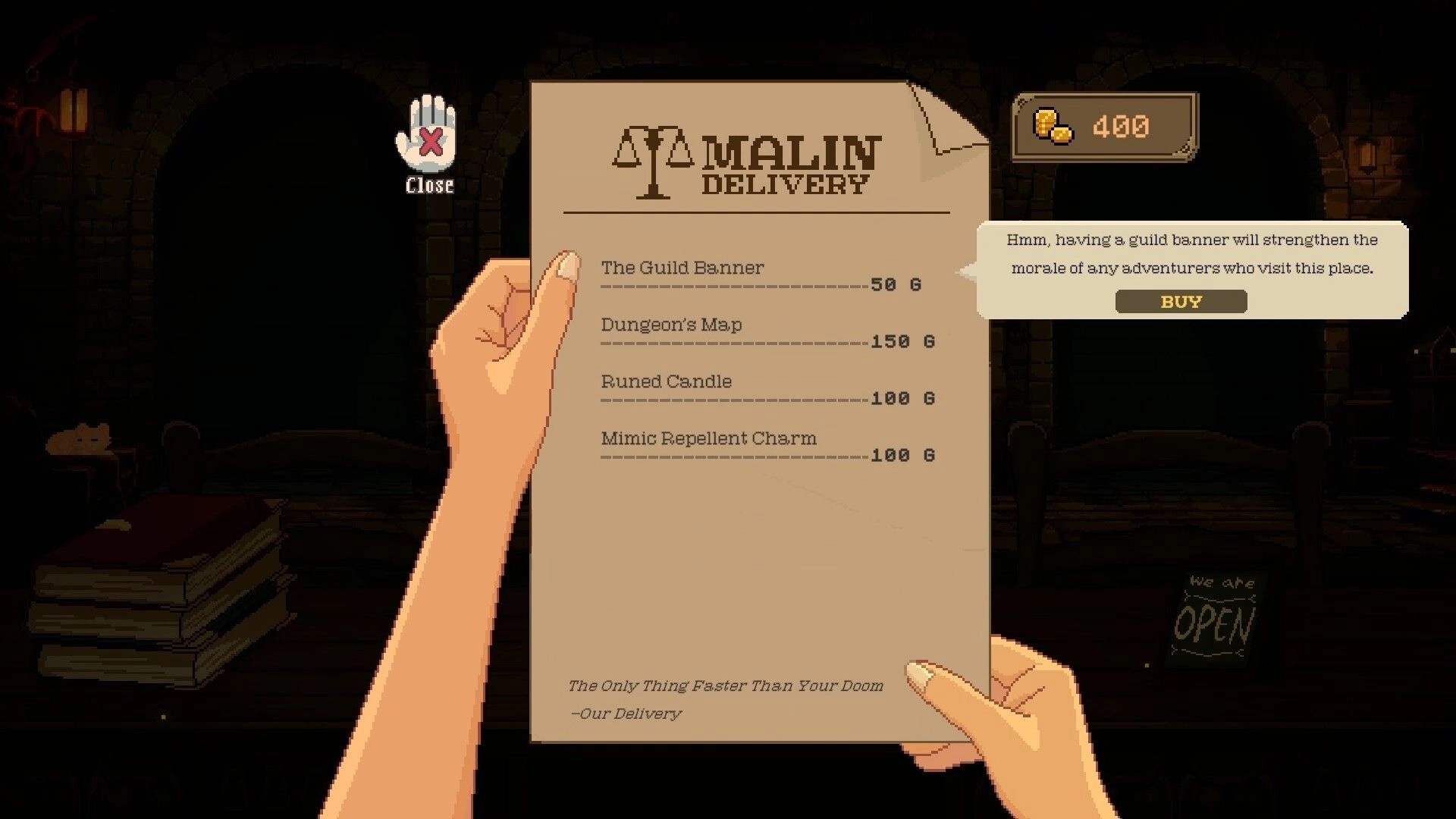 Dungeon Hotpot: Mailin Delivery shop order list with BUY prompt and 400 gold in a dim dungeon room.