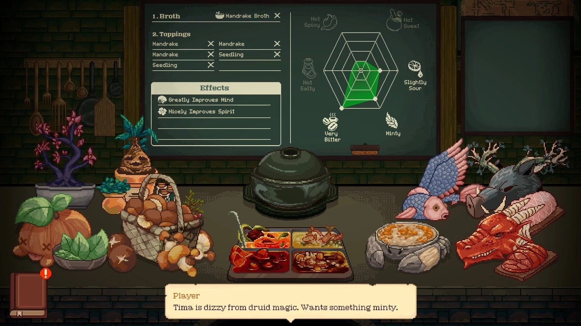 Dungeon Hotpot: Recipe screen for Mandrake Broth with flavor chart and toppings list in dungeon kitchen.