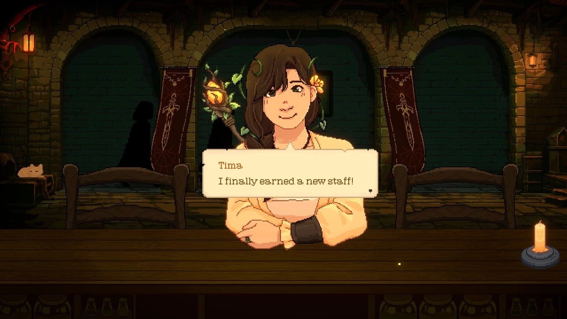 Dungeon Hotpot: Tima speaks in a dialogue box at the bar counter in a torchlit dungeon tavern.