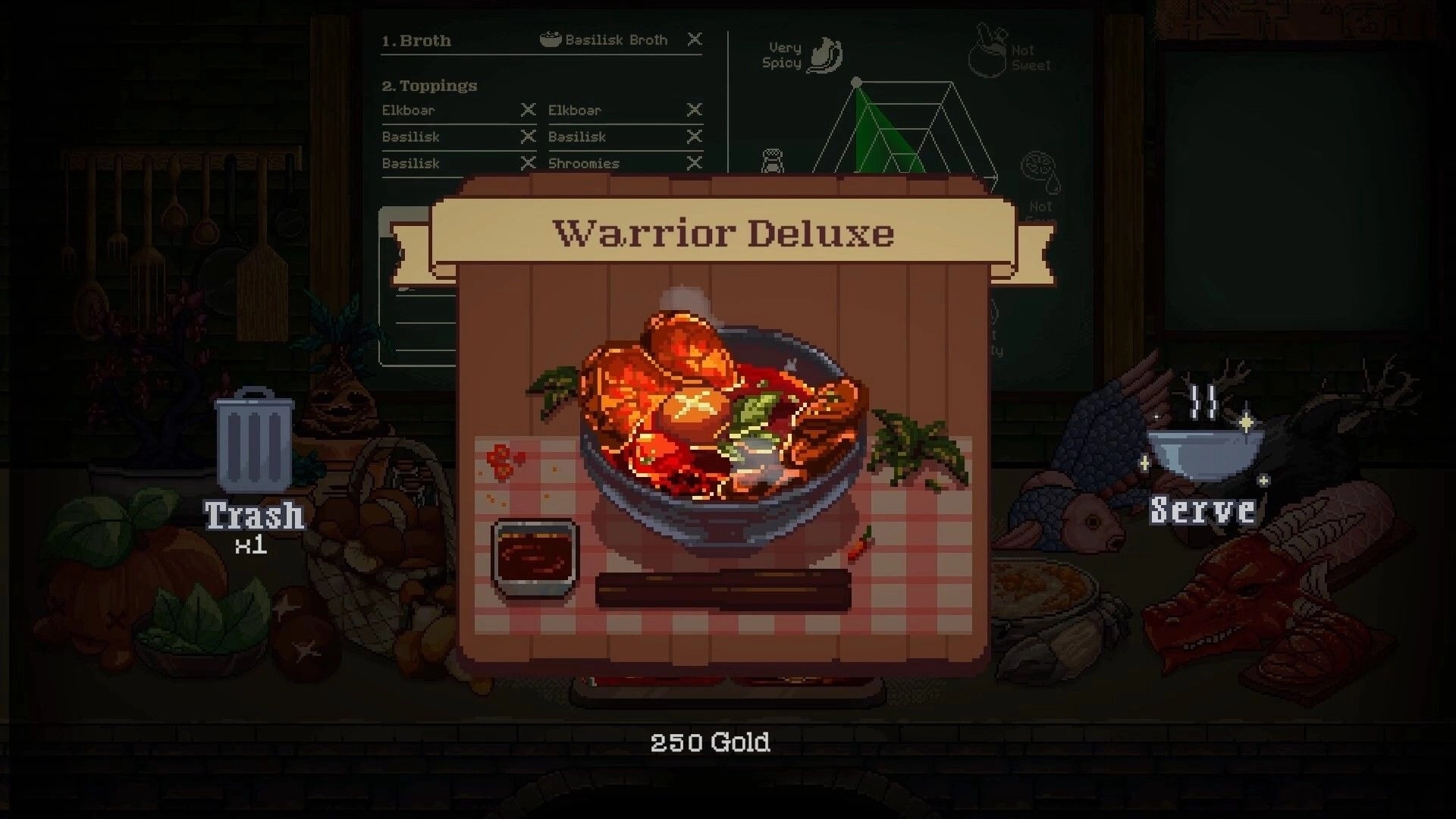 Dungeon Hotpot: Warrior Deluxe hotpot recipe card with Trash and Serve buttons in torchlit kitchen UI.
