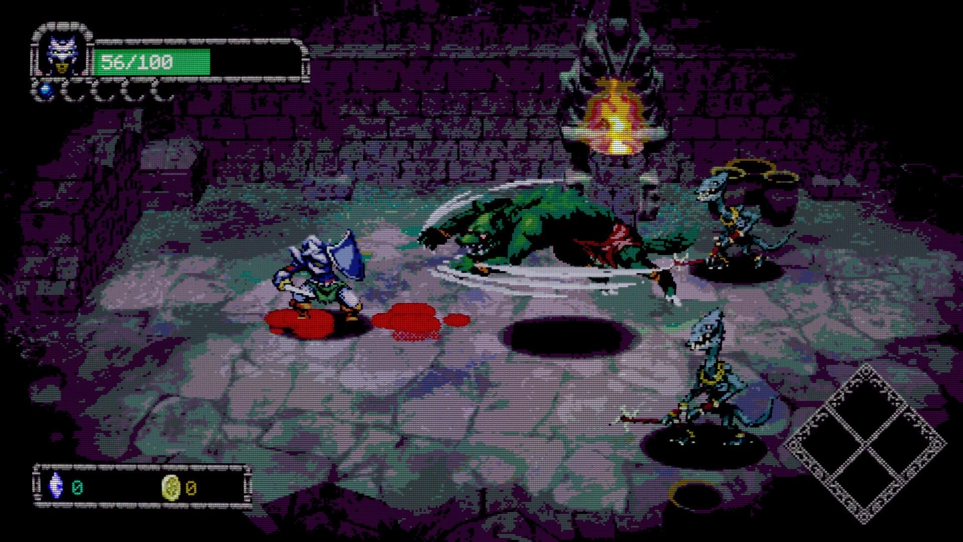 Dungeon Lurker: Knight faces two lizard foes beside a slain beast in torchlit stone dungeon room UI visible.