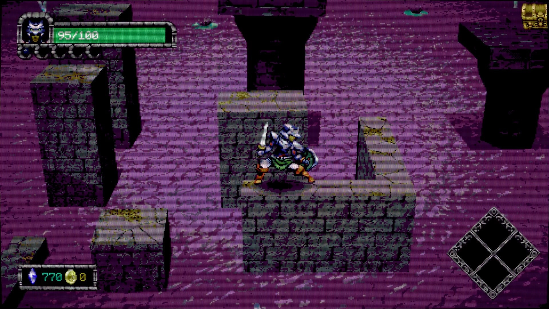 Dungeon Lurker: Armored warrior with sword and shield on stone platforms above purple sludge, 95/100 HP UI.