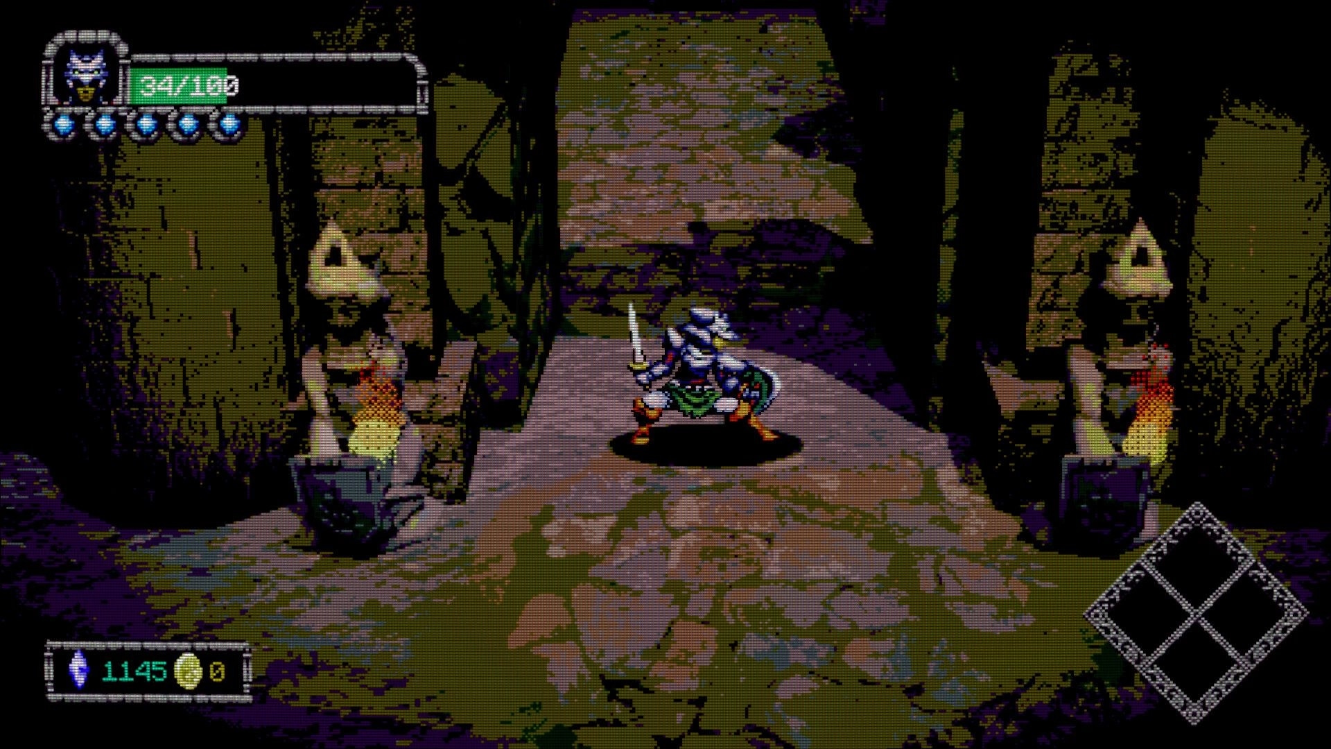 Dungeon Lurker: Armored hero readies a sword on stone steps between torchlit ruin walls, HUD visible.