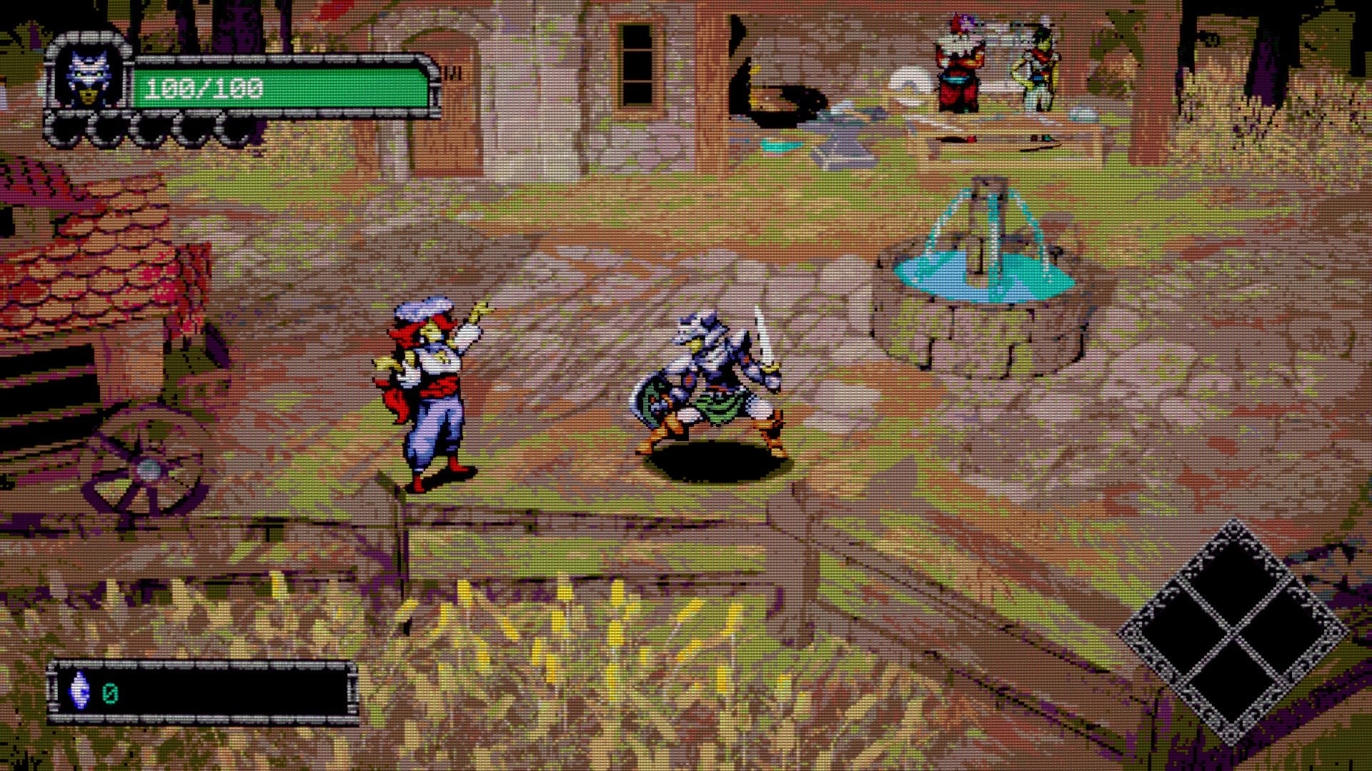 Dungeon Lurker: Player faces a pistol-wielding foe in a town square with fountain and 100/100 HP UI.