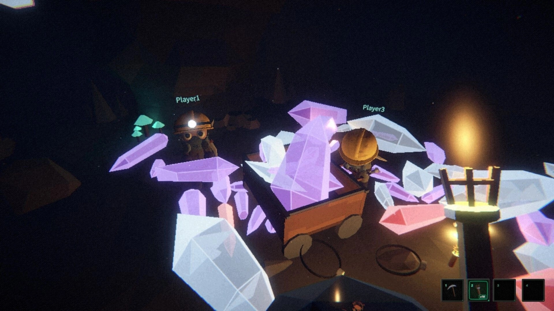 Dungeon Miner: Two miners load a cart with huge purple crystals in a dim cave, hotbar visible.