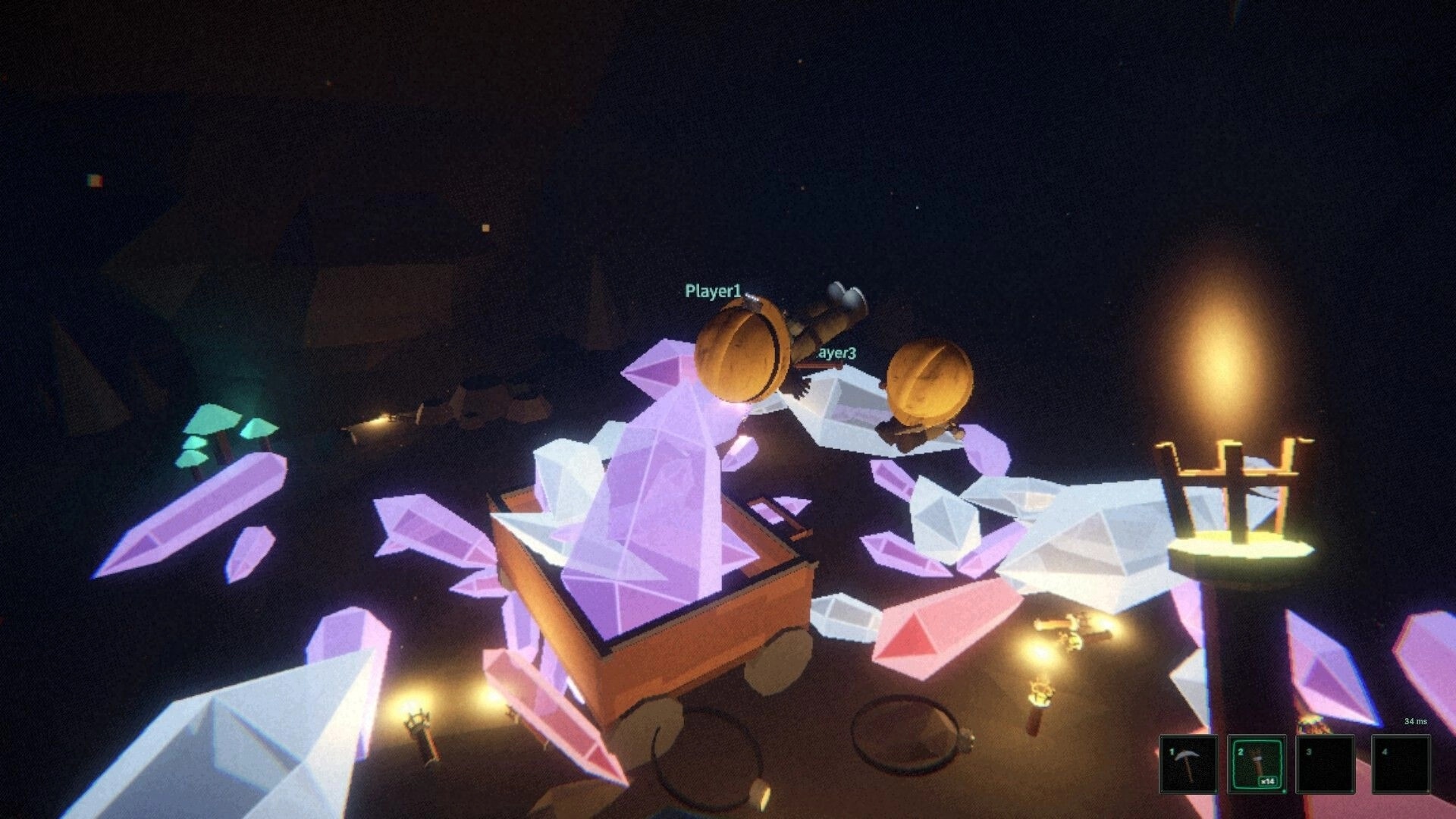 Dungeon Miner: Players load a minecart with huge crystals in a dark cave lit by torches.