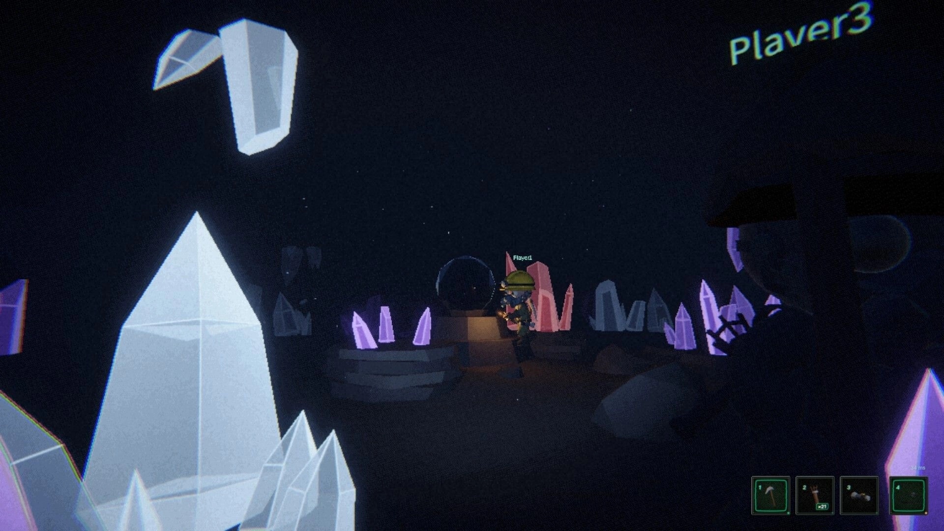 Dungeon Miner: Player3 explores a dark crystal cave with glowing gems and a four-slot hotbar UI.