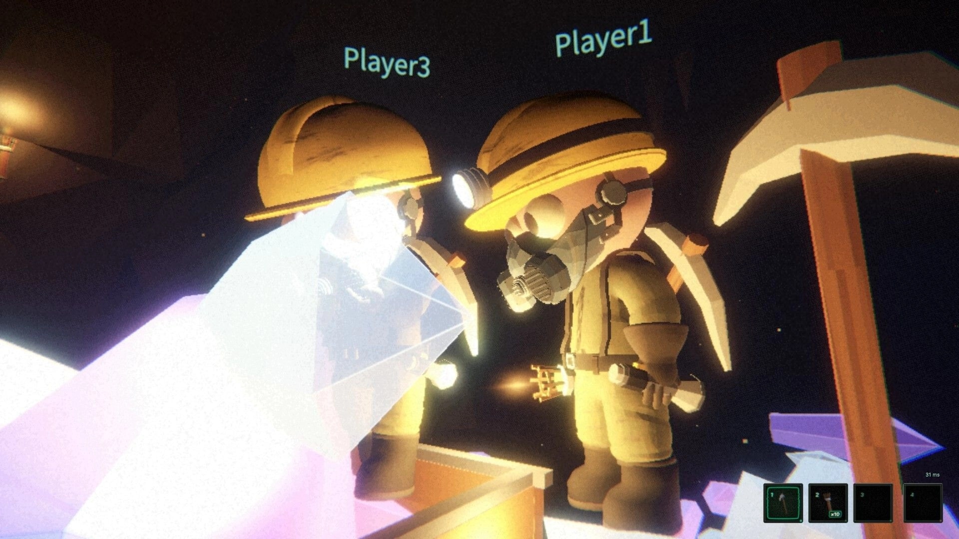 Dungeon Miner: Player1 and Player3 miners stand by a giant crystal in a dark cave with hotbar UI.
