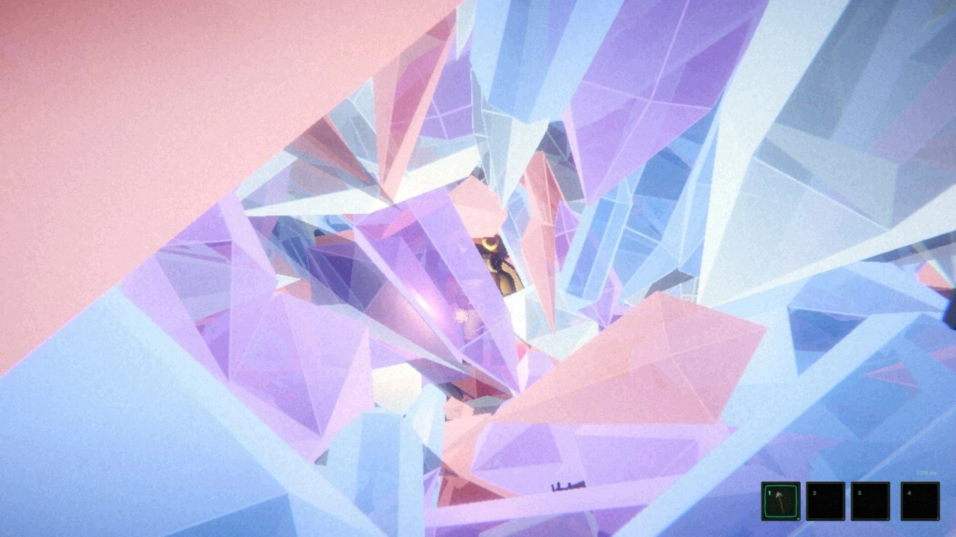 Dungeon Miner: Player wedged among huge pastel crystal shards with pickaxe hotbar in icy cavern.