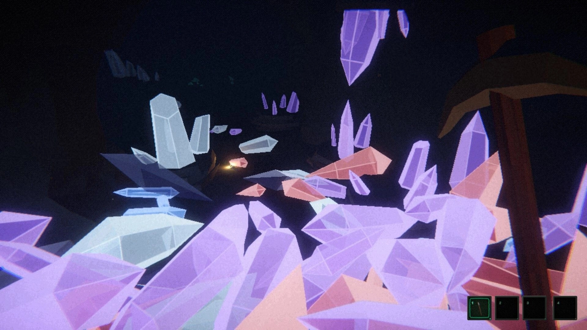 Dungeon Miner: Crystal-filled cavern with purple and white shards, hotbar slots visible at bottom right.