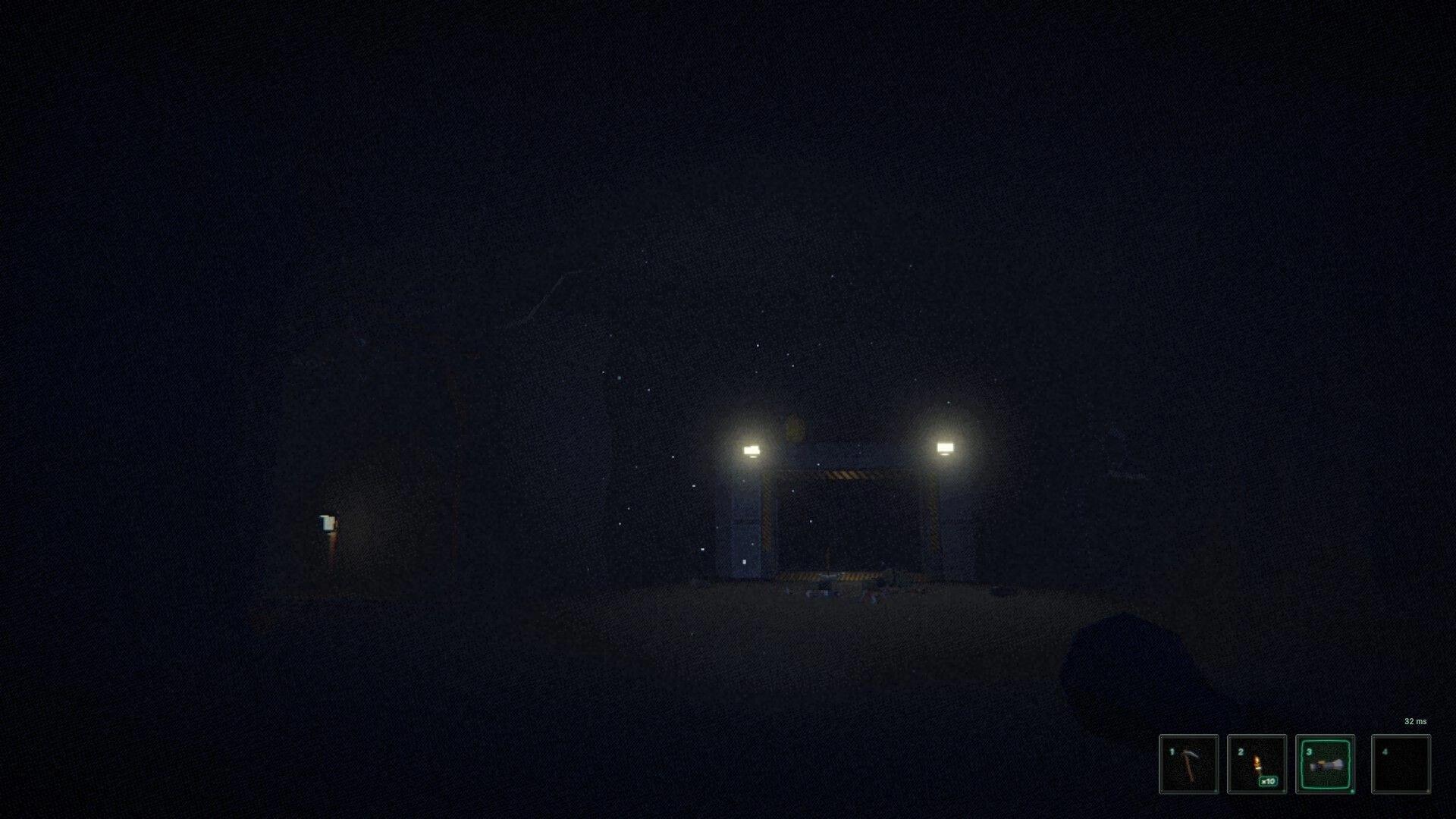 Dungeon Miner: Dim cave corridor facing a lit metal gate, with hotbar tools and ping UI visible.