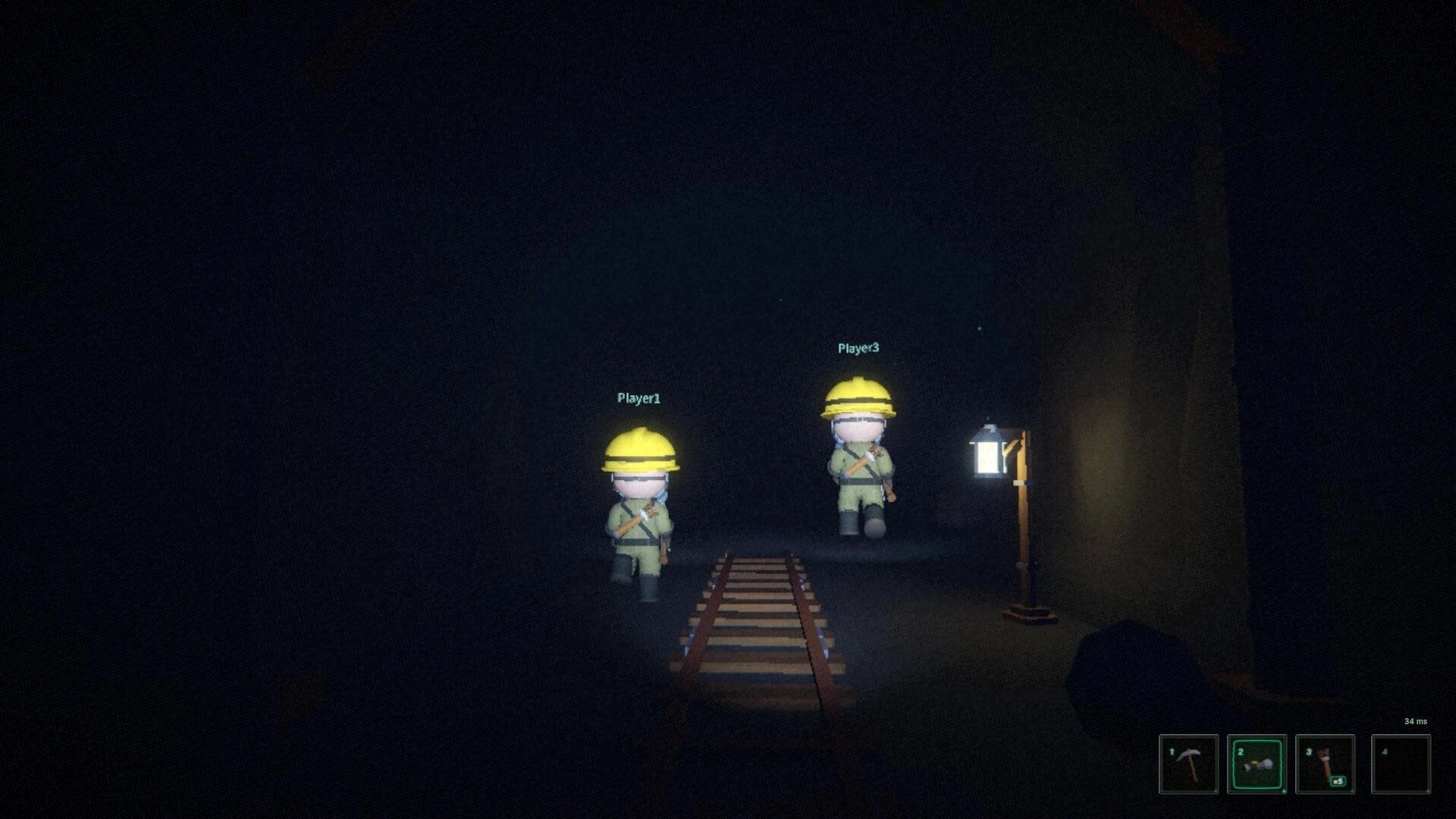 Dungeon Miner: Two helmeted players walk along minecart tracks in a dark tunnel by a lantern HUD hotbar visible.