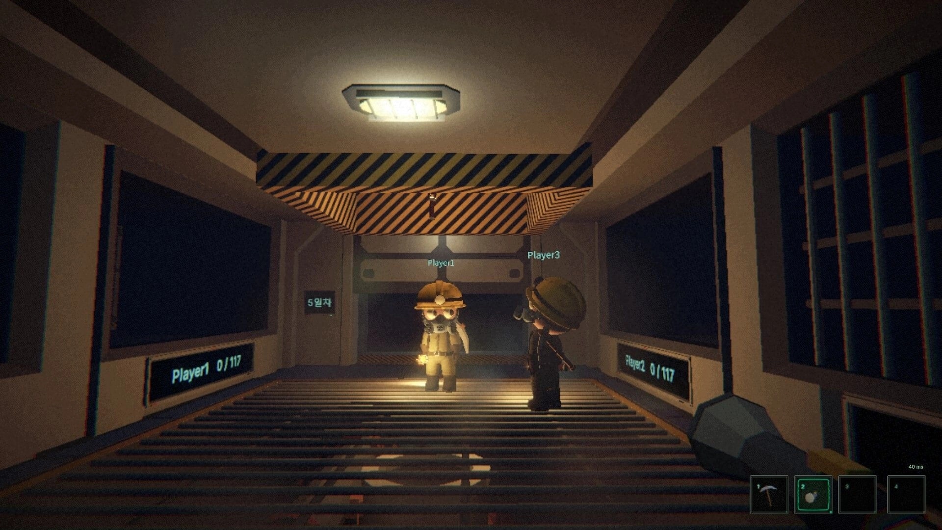 Dungeon Miner: Two miners labeled Player1 and Player3 stand in a metal elevator car underground.