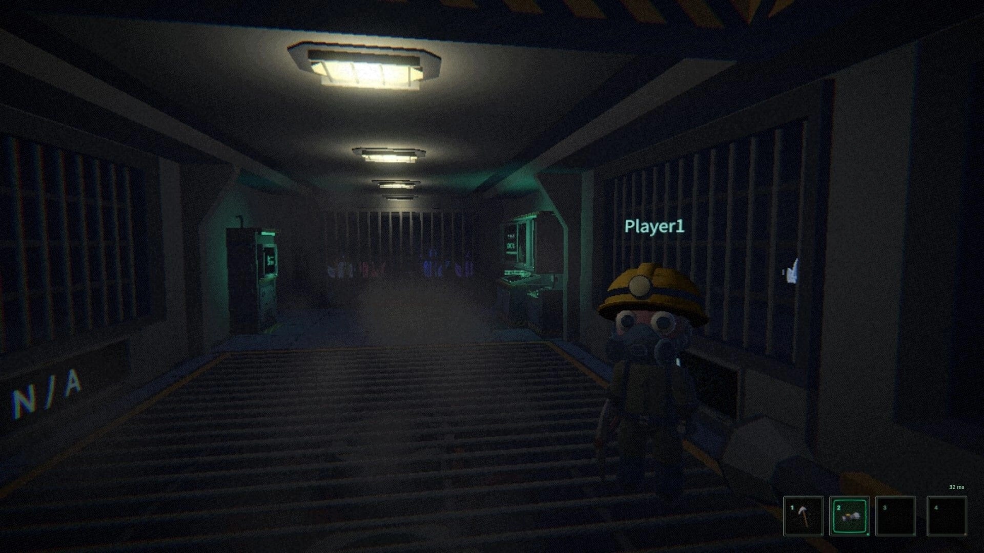 Dungeon Miner: Player1 miner stands in a dim metal corridor with lockers, consoles, and hotbar UI.