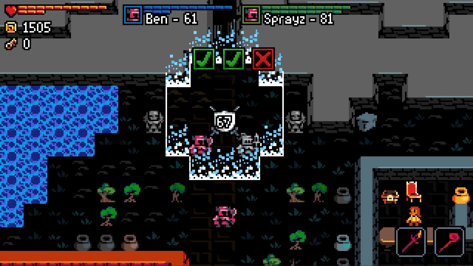 Dungeon Misfits: Ben and Spirayz at icy dungeon doorway with ready checks, hearts and coin UI visible.