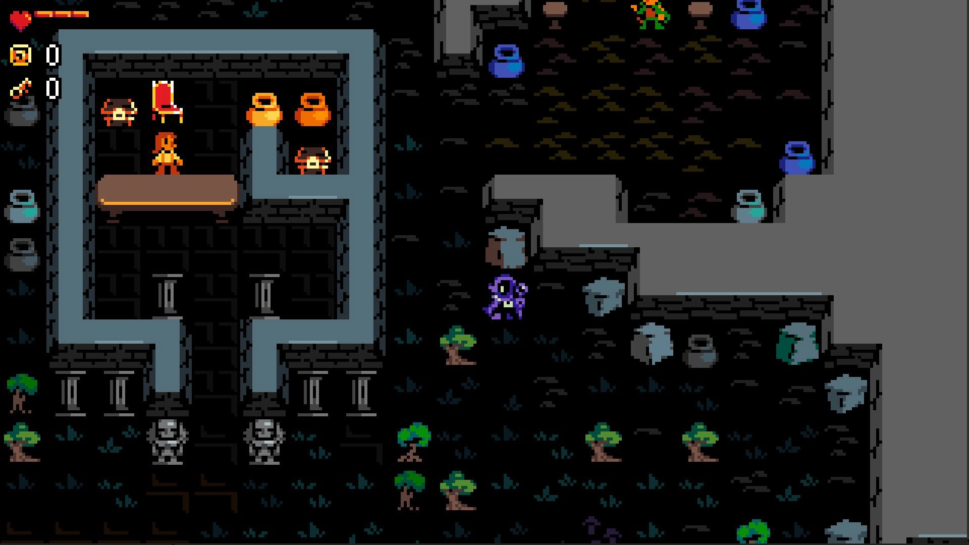 Dungeon Misfits: Purple hero explores dark dungeon ruins with pots, statues, and heart UI on left.
