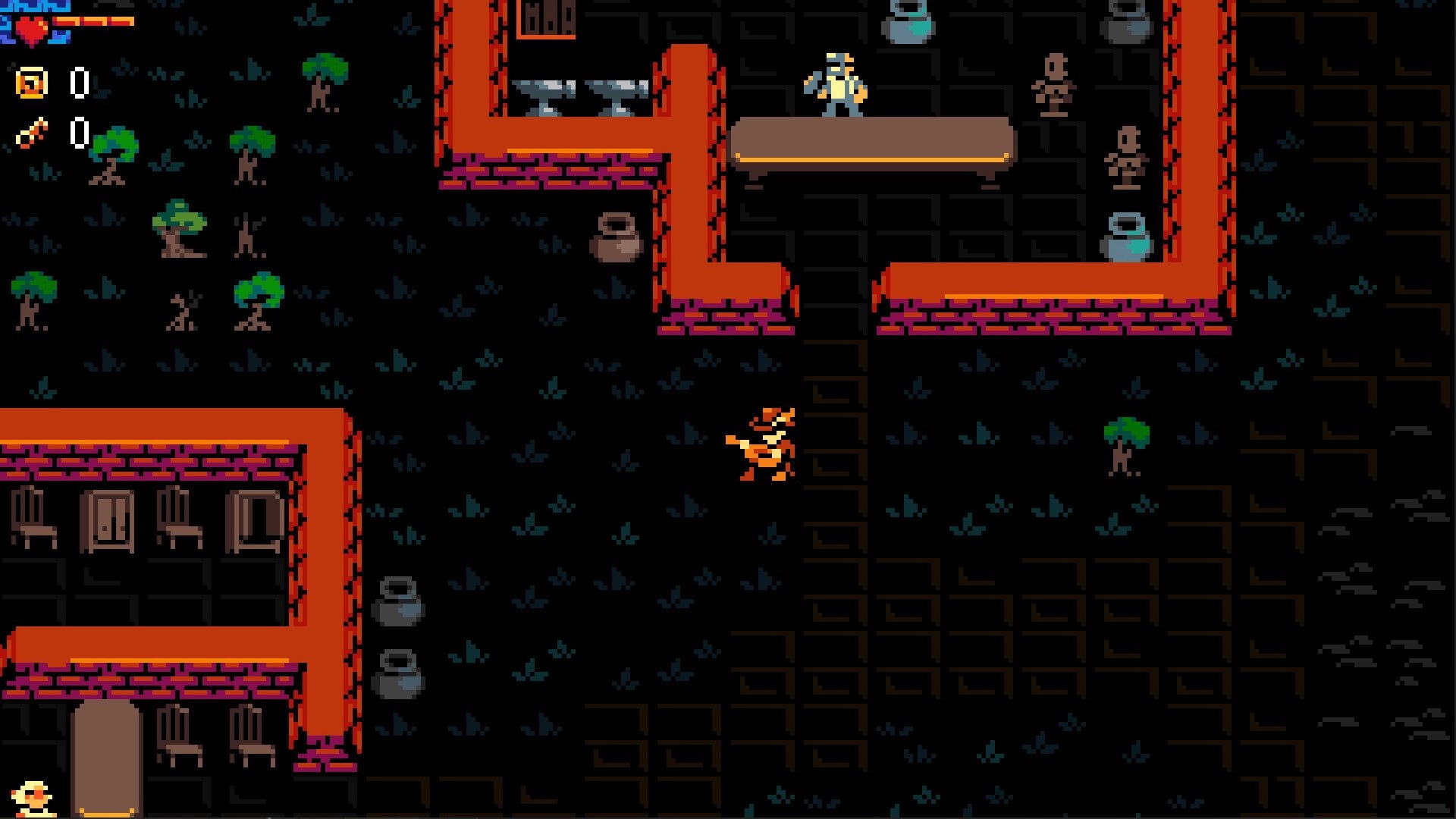 Dungeon Misfits: Adventurer climbs a ladder past jars and enemies in a dark brick dungeon with HUD hearts.