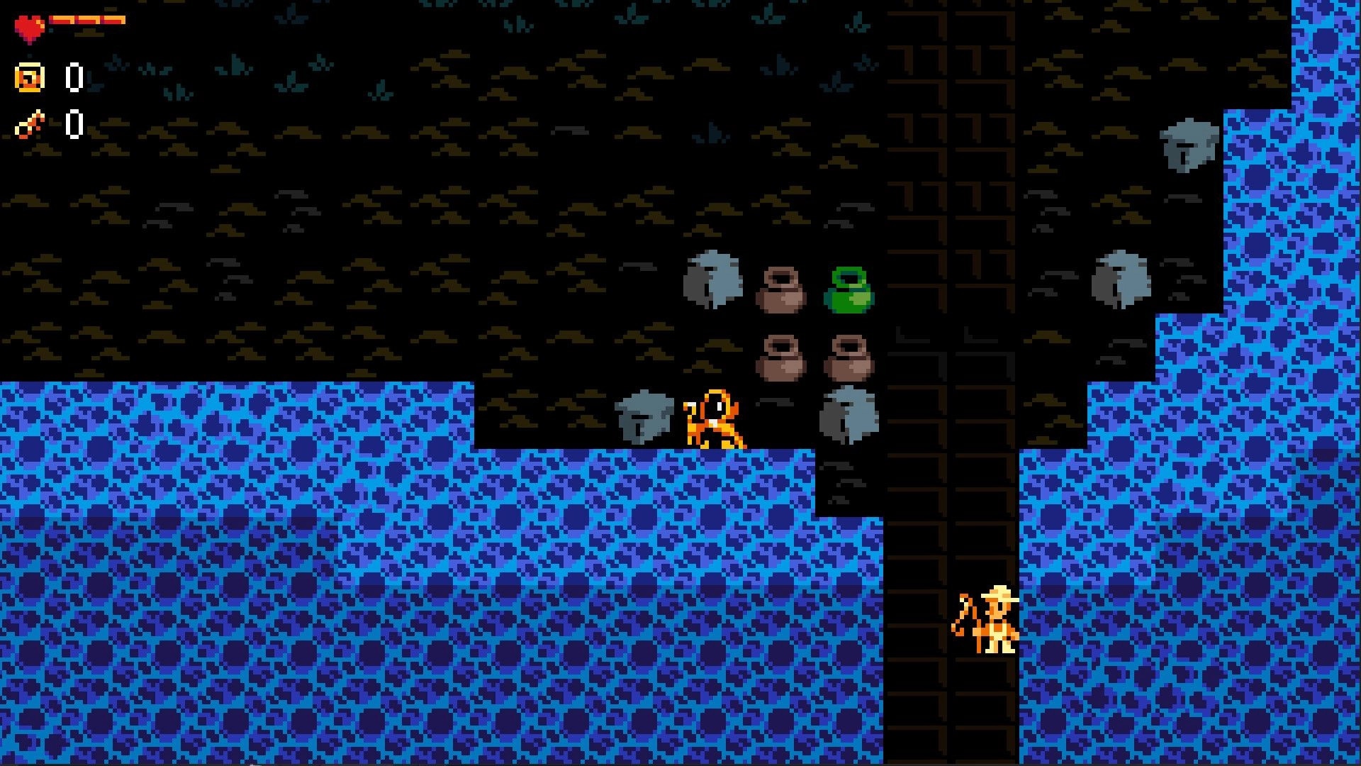 Dungeon Misfits: Two adventurers explore a cave corridor with pots and ghost foes, hearts UI top left.