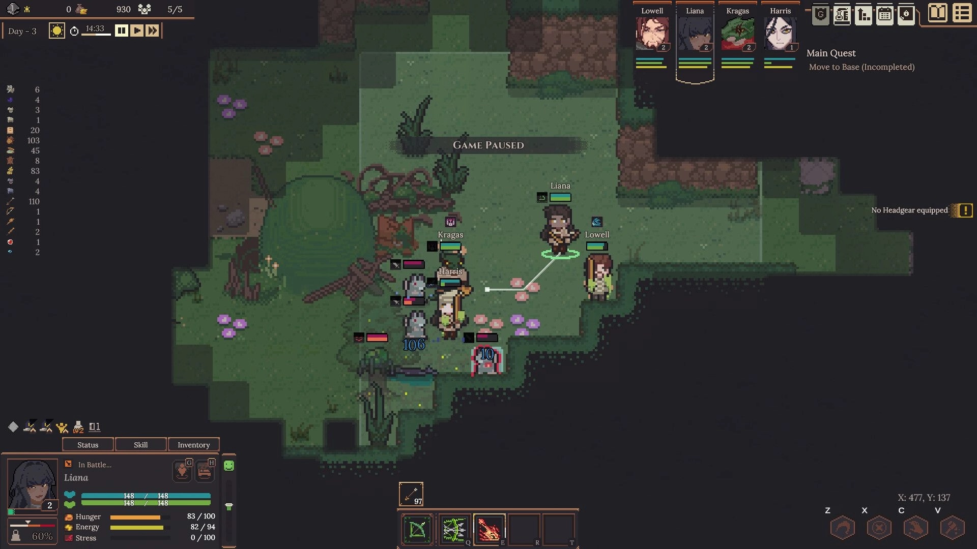 Dungeon Settlers: Combat paused with characters Liana and Lowell in forest clearing, inventory displayed.