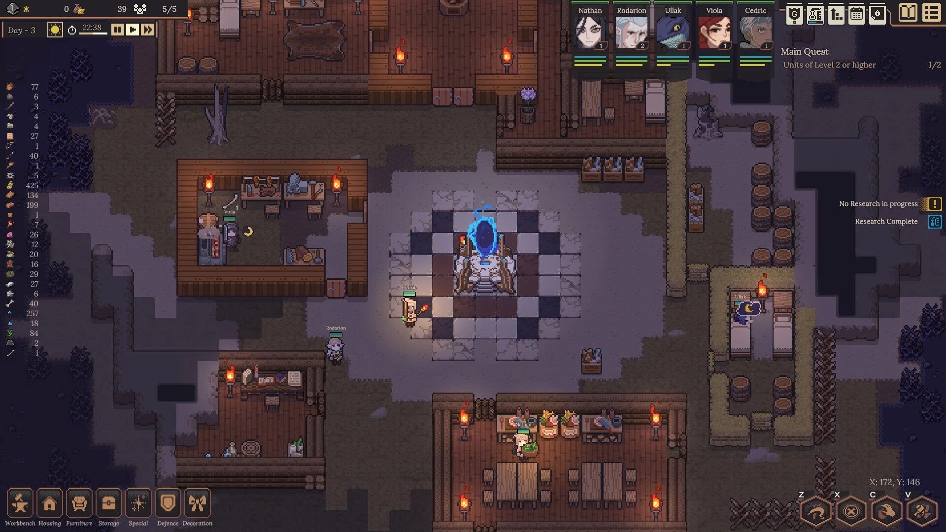 Dungeon Settlers: Cedric near portal in central hub with Viola crafting and Ullak sleeping nearby.