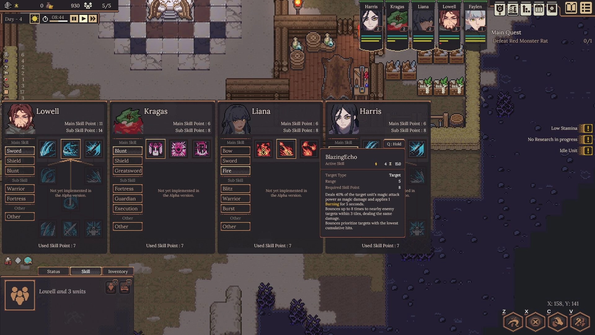 Dungeon Settlers: Character skill menu with Lowell, Kragas, Liana, and Harris in village setting