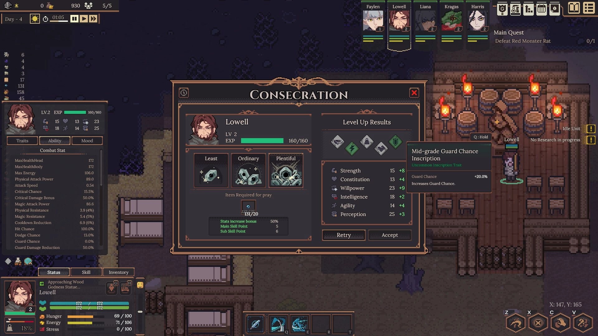 Dungeon Settlers: Character Lowell's level-up results and stats interface in a wooden settlement.