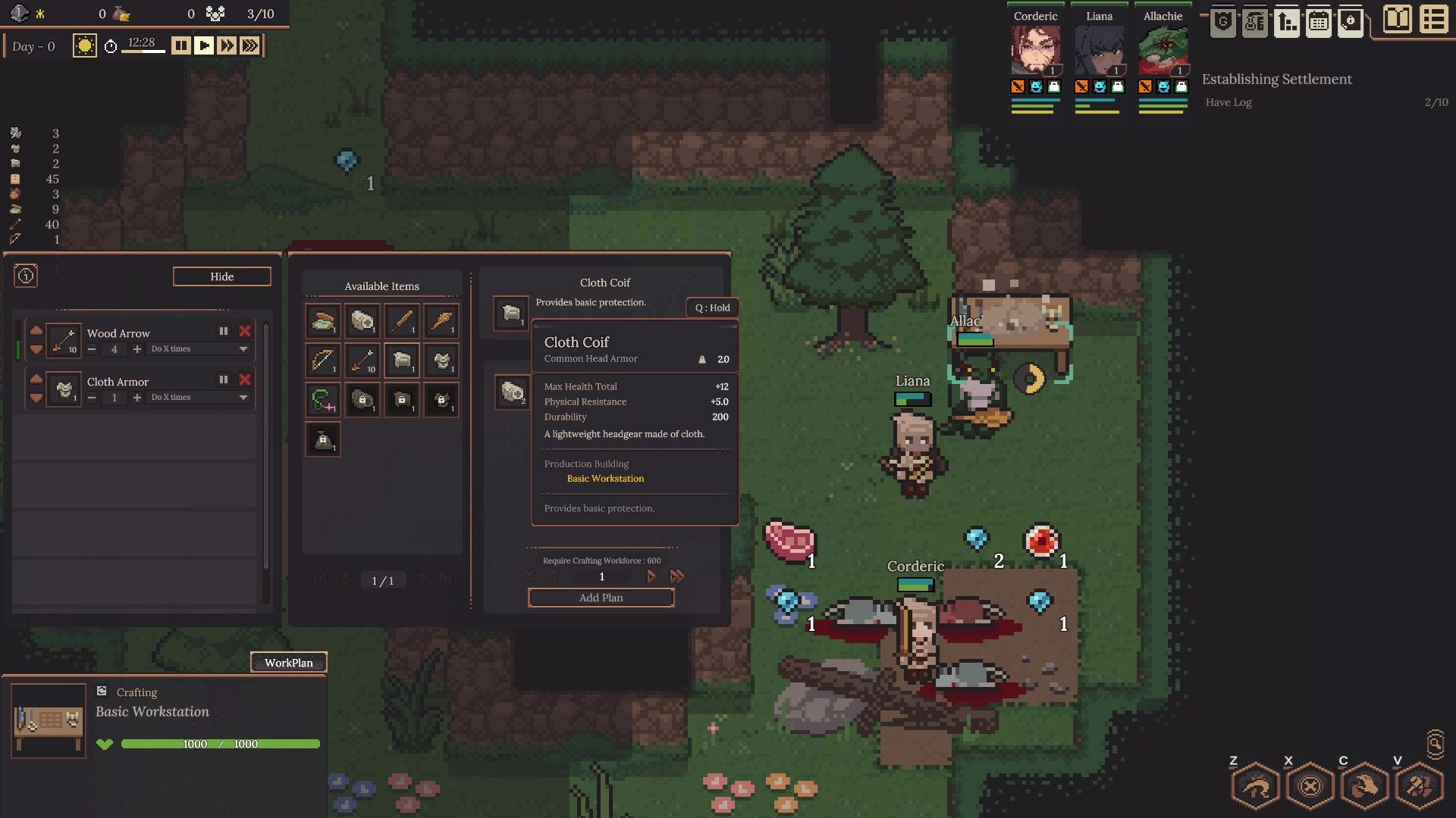 Dungeon Settlers: Crafting menu with available items and characters Liana, Corderic in forest setting.