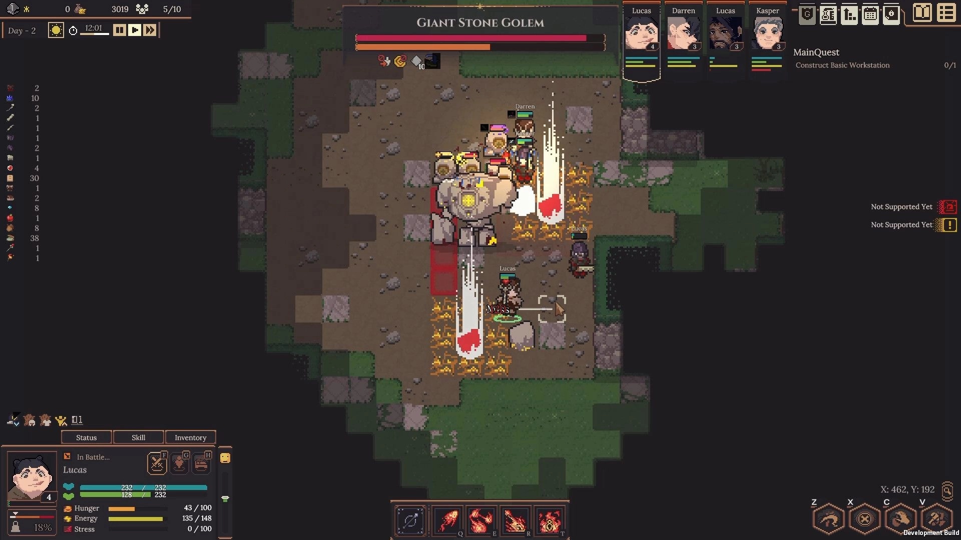 Dungeon Settlers: Combat with Giant Stone Golem in dungeon with character stats and inventory displayed