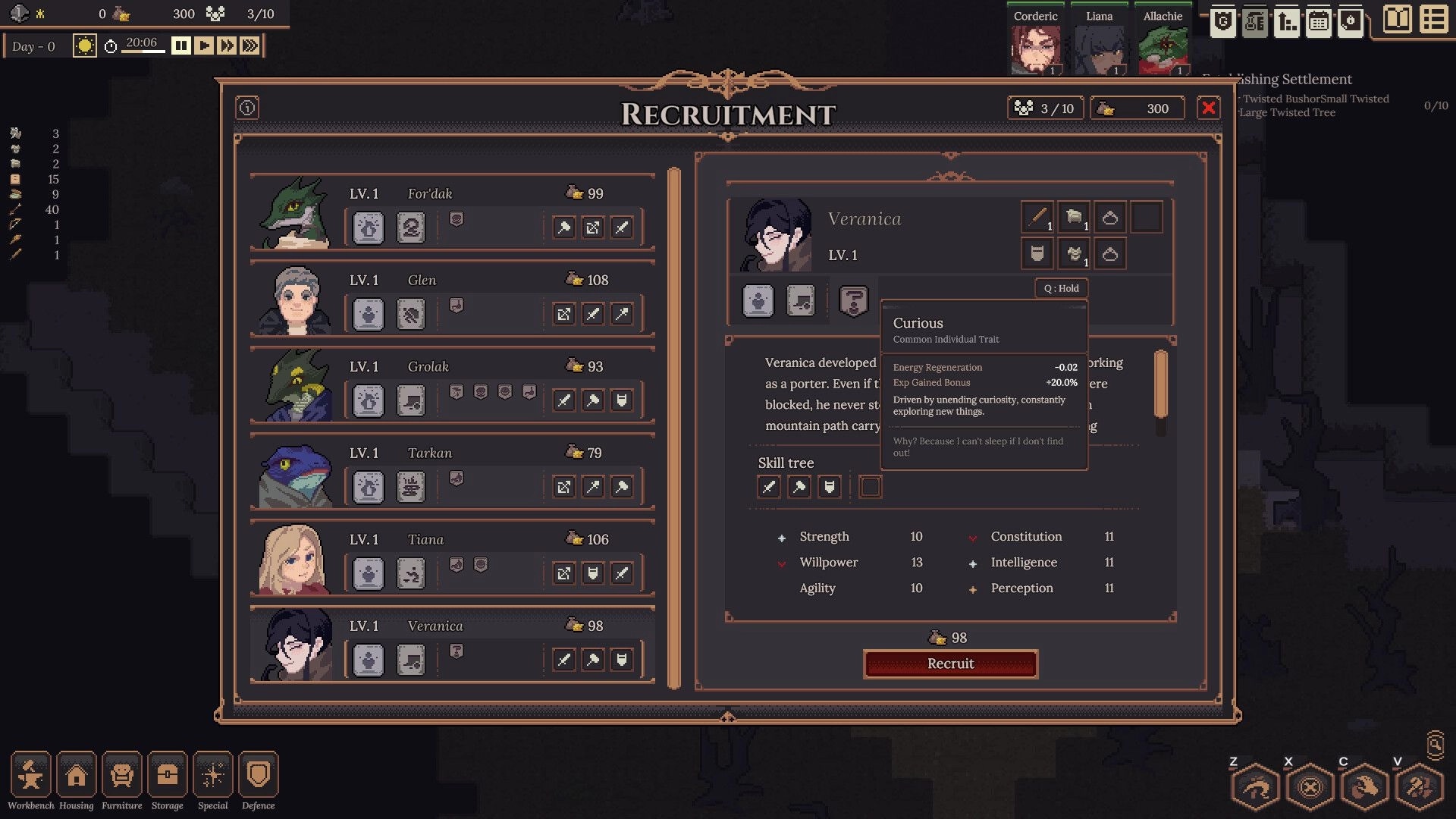 Dungeon Settlers: Recruitment screen displaying character stats and traits with five recruitable settlers.
