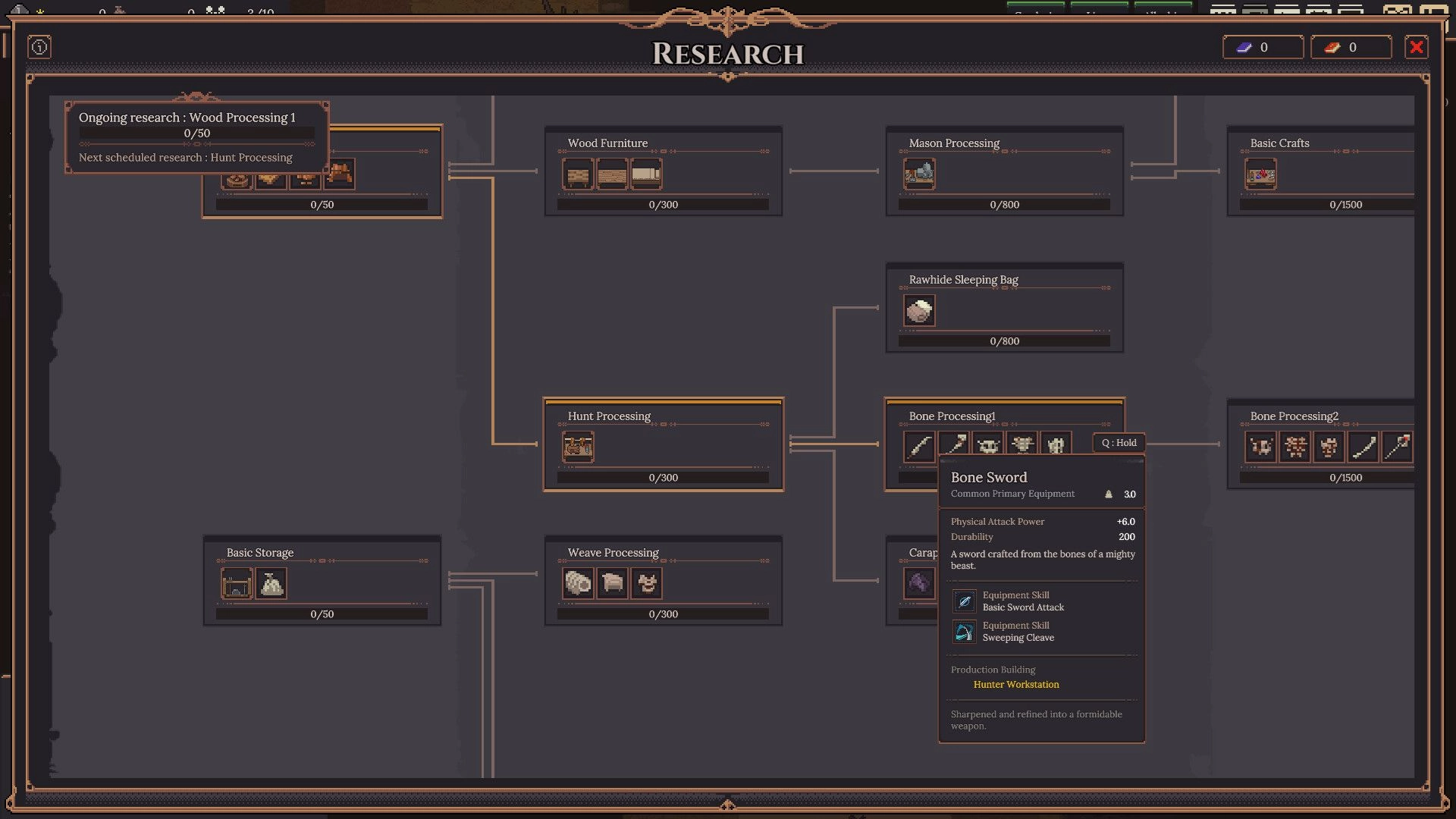 Dungeon Settlers: Research tree interface showing various processing options and Bone Sword details.