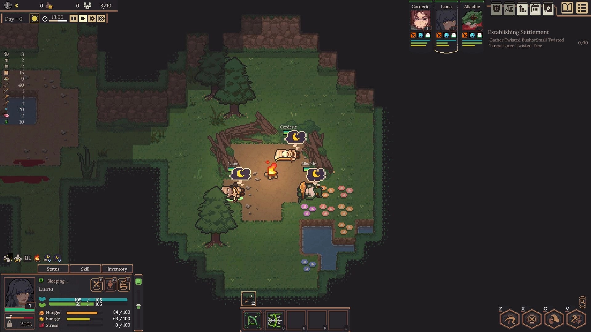 Dungeon Settlers: Characters Liana and Corderic resting by campfire in a forest clearing settlement