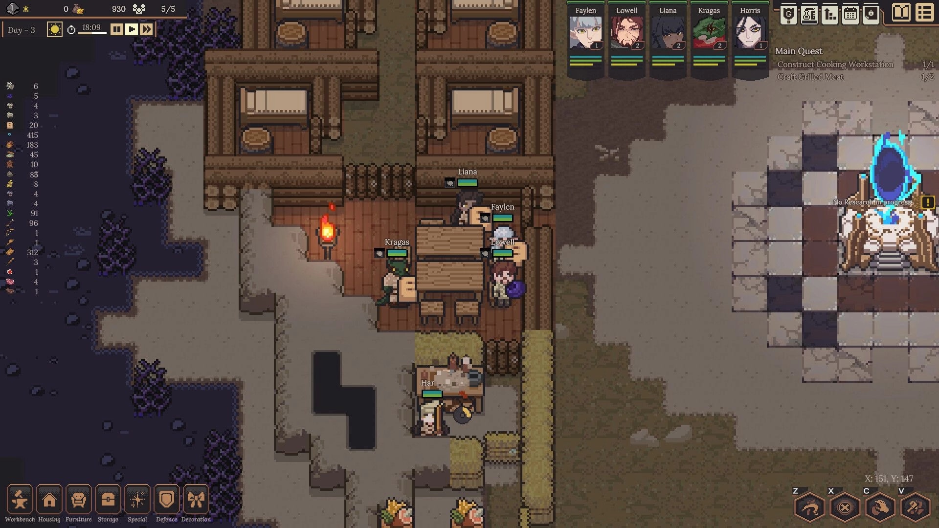 Dungeon Settlers: Characters Kragas and Lowell gather resources at settlement near a glowing portal.