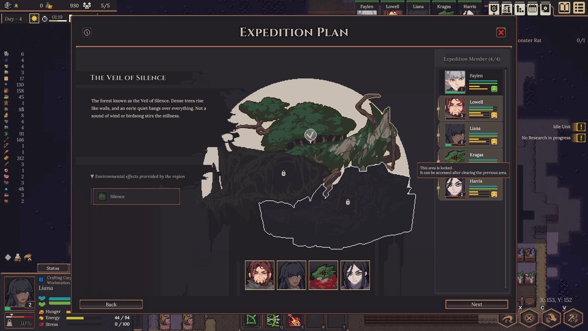 Dungeon Settlers: Expedition plan screen showing Veil of Silence map and team selection interface